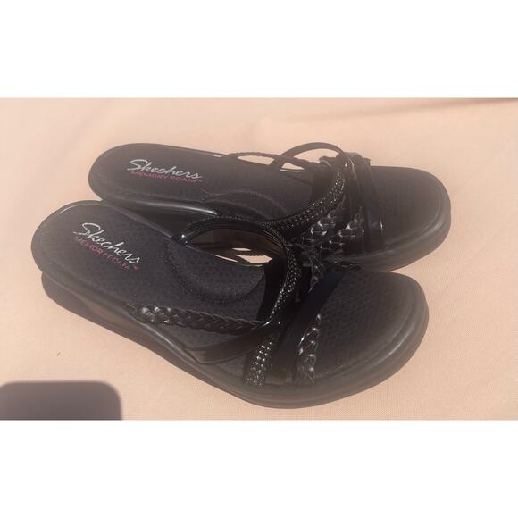Skechers Black Cali Rumblers Social Butterfly Slide Wedge Comfort Sandals Sz 9 - Picture 10 of 11